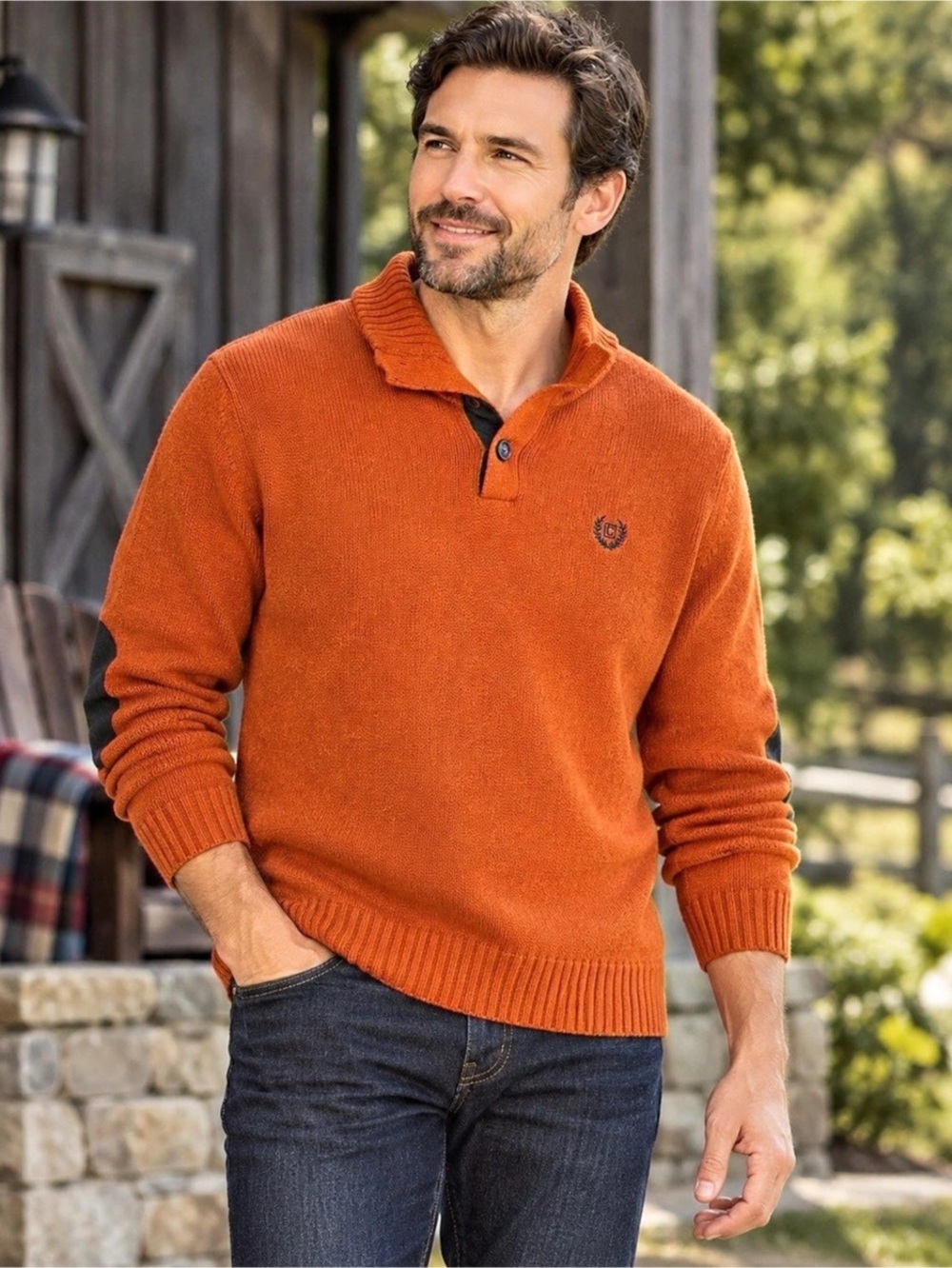 Chaps Men's 3-Button Mock Neck Sweater with Elbow Patches, Large